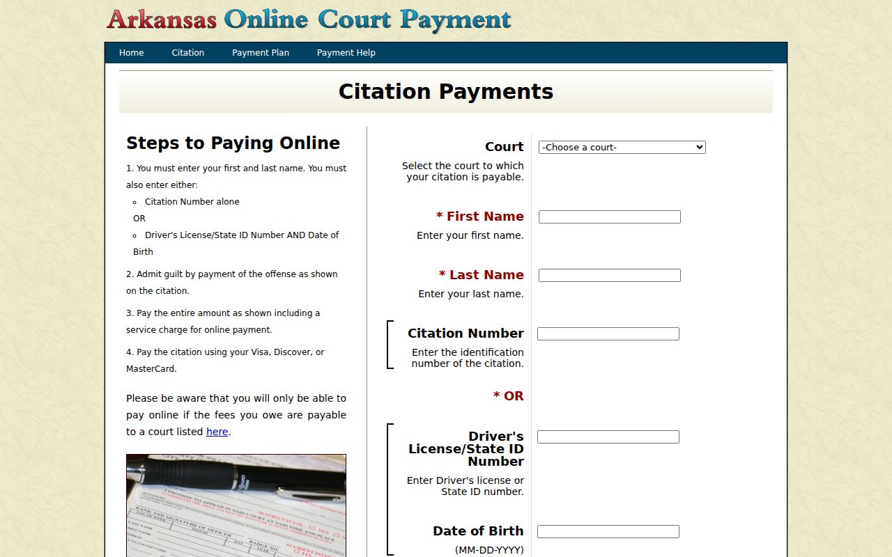 Arkansas Judiciary citation lookup with Lawrence County court selector and search fields
