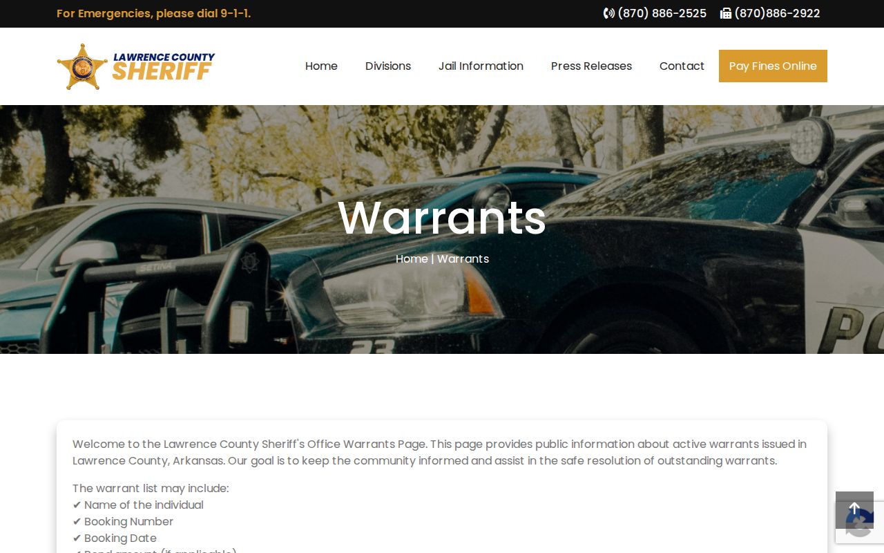 Official Lawrence County Sheriff's Office warrant page with status warning and contact route